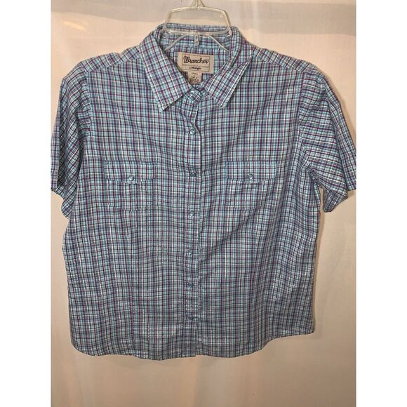 Wrangler Tops - Women's L Blue Pink Sparkle plaid Wrancher Wrangler Short‎ Sleeve Pearl Snap